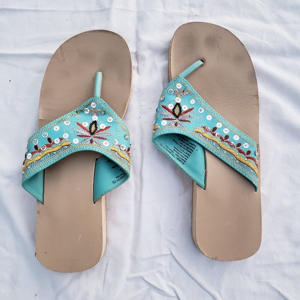 Womens Teal Sequin Native American Styled Flip Flops - Size X-Large